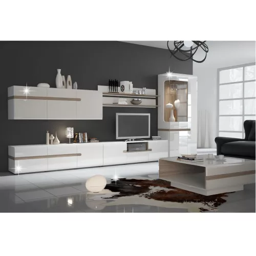 Vitrin, fehér extra magas fényű HG/trufla sonoma tölgy, balos, LYNATET 01