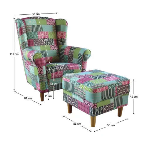 füles fotel puffal, szövet patchwork M1, ASTRID