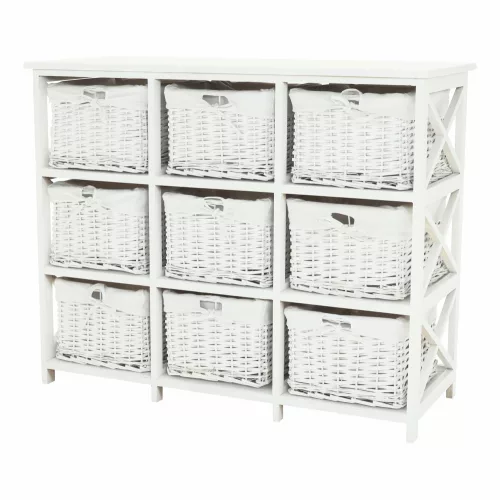 Komód, fa/vesszőfonás/szövet, fehér, RAFAELLO 9