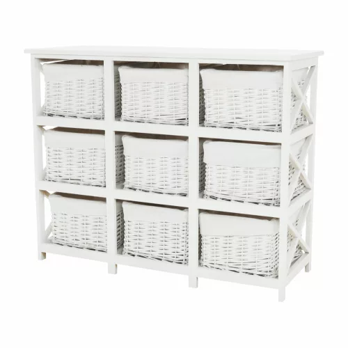 Komód, fa/vesszőfonás/szövet, fehér, RAFAELLO 9
