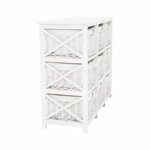 Komód, fa/vesszőfonás/szövet, fehér, RAFAELLO 9