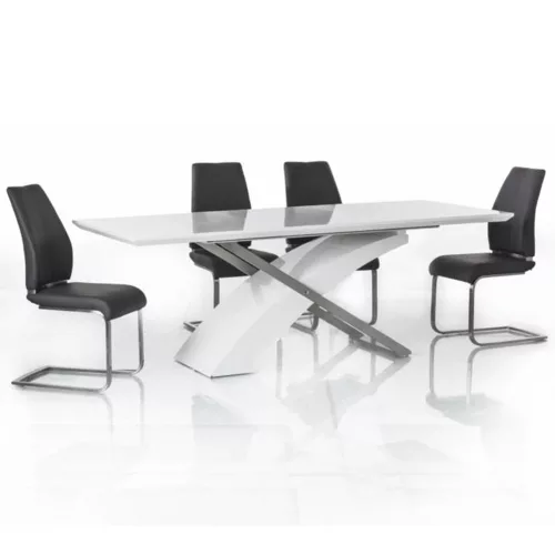 Meghosszabbítható étkezőasztal, fehér extra magasfényű HG/fém, 160-220x90 cm, KROS