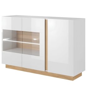   Komód üveggel, fehér/tölgy grandson/magasfényű fehér, CITY