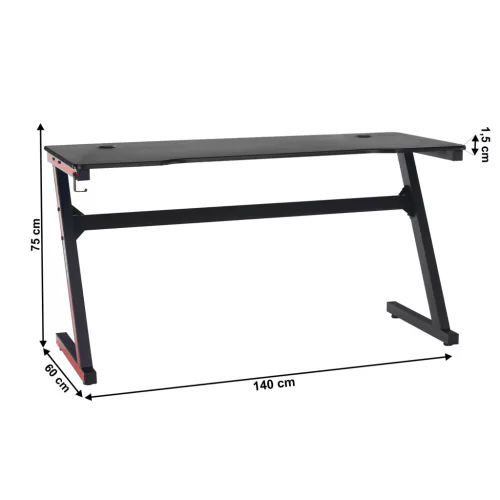 Gamer asztal/számítógépasztal, fekete/piros, MACKENZIE 140cm