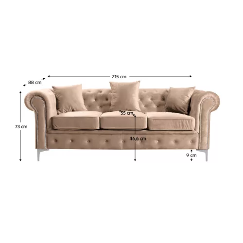 Kinyitható luxus 3-as ülés, világosbarna Velvet szövet, ROMANO