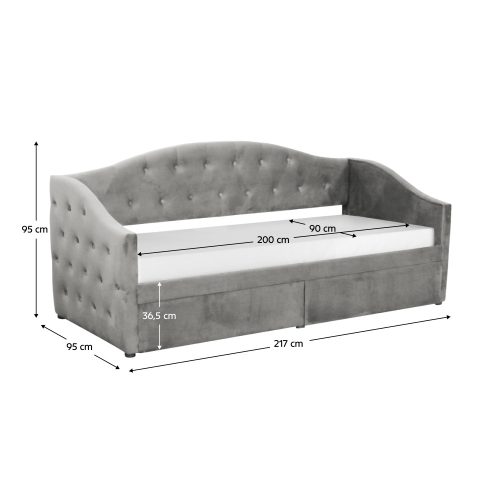 Ágy tárhellyel, 90x200, szürke Velvet szövet, ZASKA