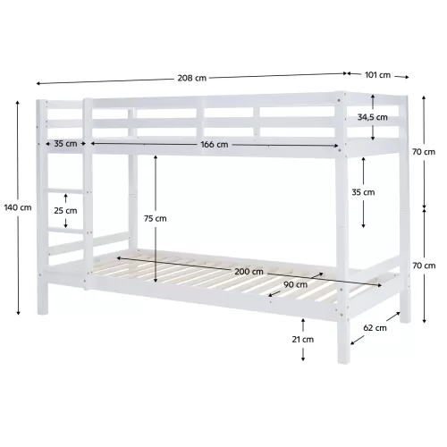 Emeletes ágy, 90x200, tömör fa, fehér, INEZA