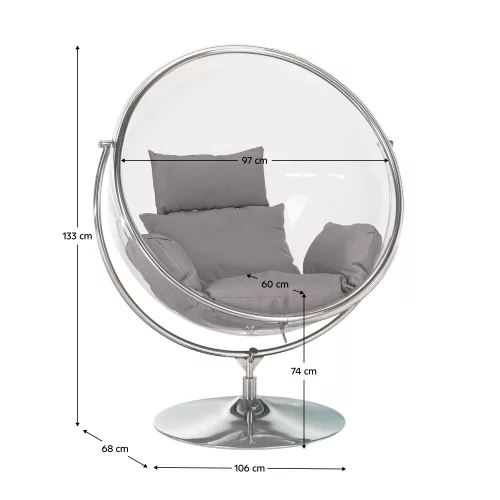 Függő fotel állvánnyal, átlátszó/ezüst/szürke, BUBBLE NEW TYP 2