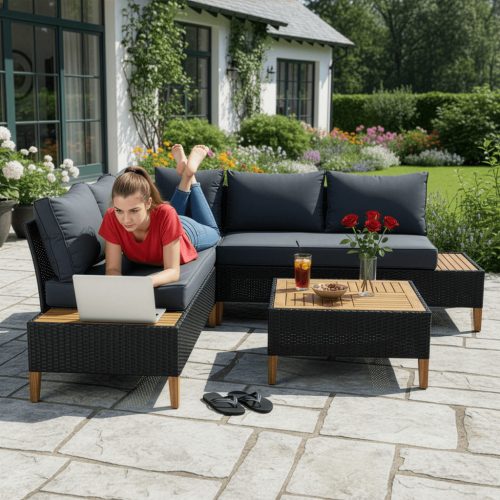 Kerti rattan szett, akácfa, fekete/szürke/természetes, MALKOM