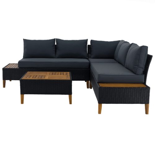 Kerti rattan szett, akácfa, fekete/szürke/természetes, MALKOM