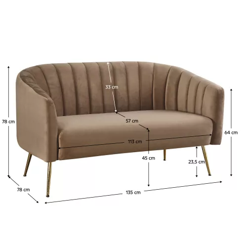 Design kétszemélyes kanapé, barna Velvet szövet/gold króm-arany, BAGY