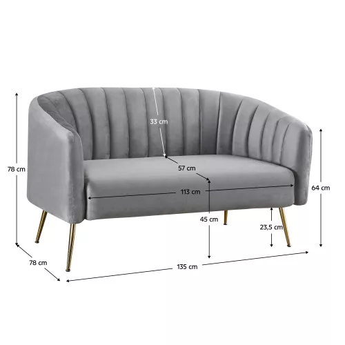 Design kétszemélyes kanapé, szürke Velvet szövet/gold króm-arany, BAGY