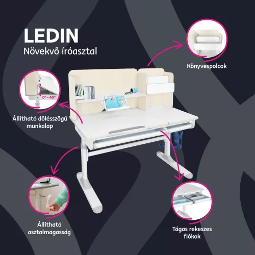 Növekvő íróasztal, natúr/fehér, LEDIN