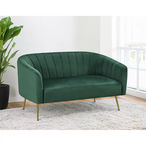 Design kétszemélyes kanapé, sötétzöld Velvet szövet/gold króm-arany, BAGY