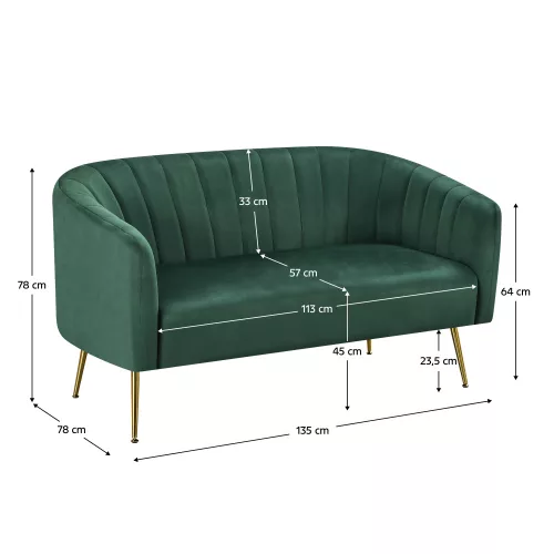 Design kétszemélyes kanapé, sötétzöld Velvet szövet/gold króm-arany, BAGY