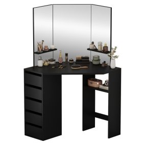 Sarok fésülködőasztal, fekete, ELIO