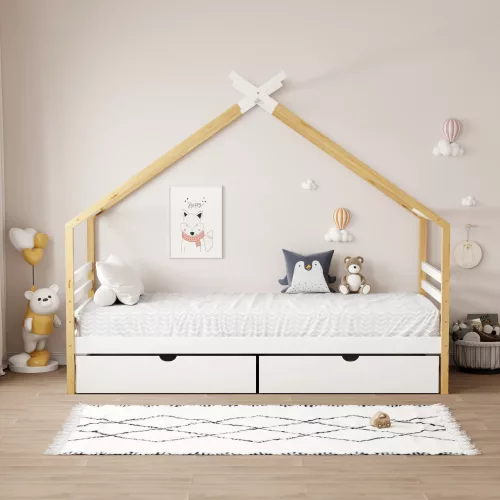 Montessori ágy, fehér/barna, 90x200, TARA
