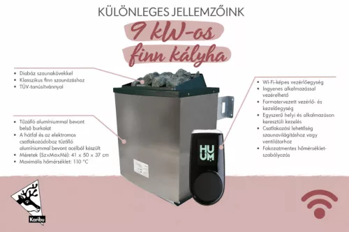 Karibu 9 kW-os Finn szaunakályha + HUUM "UKU WIFI" vezérlőegység alkalmazásvezérléssel