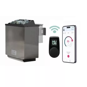   Karibu 9 kW-os Bio-kombi  szaunakályha + HUUM " UKU WIFI" vezérlőegység alkalmazásvezérléssel