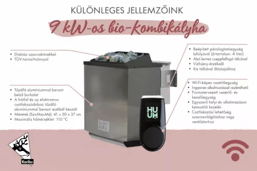 Karibu 9 kW-os Bio-kombi  szaunakályha + HUUM " UKU WIFI" vezérlőegység alkalmazásvezérléssel