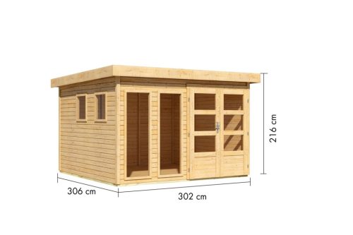Karibu Lahar 6. Lapostetős nagyméretű kerti ház, natúr fából 302 cm x 246 cm