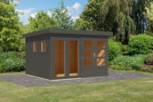 Karibu Lahar 6. Lapostetős nagyméretű kerti ház, terra szürke színű fából 302 cm x 246 cm