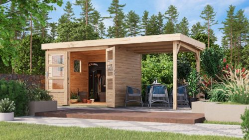 Karibu Lahar 3.5 Lapostetős kerti ház, bővítménnyel/terasszal, natúr fából 463 cm x 246 cm