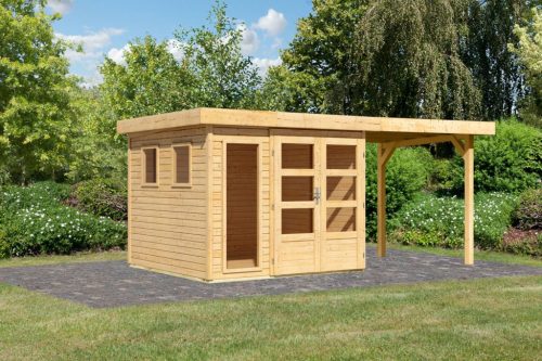 Karibu Lahar 3.5 Lapostetős kerti ház, bővítménnyel/terasszal, natúr fából 463 cm x 246 cm