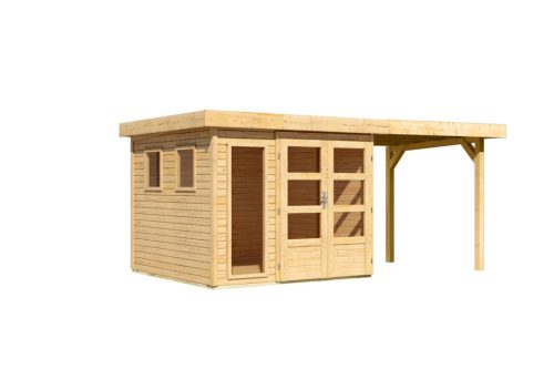 Karibu Lahar 3.5 Lapostetős kerti ház, bővítménnyel/terasszal, natúr fából 463 cm x 246 cm