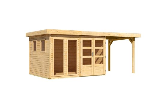 Karibu Lahar 5. Lapostetős kerti ház, bővítménnyel/terasszal, natúr fából 524 cm x 246 cm
