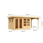   Karibu Lahar 5. Lapostetős kerti ház, bővítménnyel/terasszal, natúr fából 524 cm x 246 cm