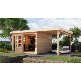   Karibu Lahar 6. Lapostetős nagyméretű kerti ház, bővítménnyel/terasszal, natúr fából 524 cm x 306 cm