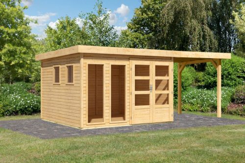 Karibu Lahar 6. Lapostetős nagyméretű kerti ház, bővítménnyel/terasszal, natúr fából 524 cm x 306 cm
