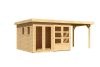 Karibu Lahar 6. Lapostetős nagyméretű kerti ház, bővítménnyel/terasszal, natúr fából 524 cm x 306 cm