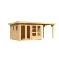   Karibu Lahar 6. Lapostetős nagyméretű kerti ház, bővítménnyel/terasszal, natúr fából 524 cm x 306 cm