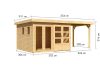 Karibu Lahar 6. Lapostetős nagyméretű kerti ház, bővítménnyel/terasszal, natúr fából 524 cm x 306 cm