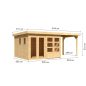   Karibu Lahar 6. Lapostetős nagyméretű kerti ház, bővítménnyel/terasszal, natúr fából 524 cm x 306 cm