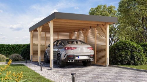 Karibu Nordic 1. egyállásos autóbeálló, fedett kocsibeálló, laminált fa, 312,5 cm x 487 cm 