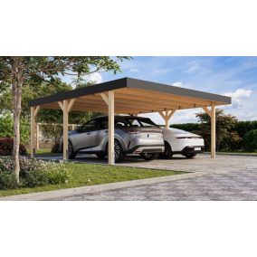   Karibu Nordic 3. dupla autóbeálló, fedett kocsibeálló, laminált fa, 552 cm x 487 cm