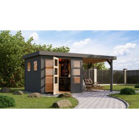   Karibu Lahar 3.5 Lapostetős kerti ház, bővítménnyel/terasszal,  terra szürke színű fából 463 cm x 246 cm