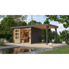   Karibu Lahar 5. Lapostetős kerti ház, bővítménnyel/terasszal, terra szürke színű fából 524 cm x 246 cm