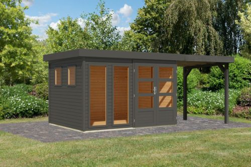 Karibu Lahar 5. Lapostetős kerti ház, bővítménnyel/terasszal, terra szürke színű fából 524 cm x 246 cm