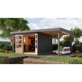   Karibu Lahar 6. Lapostetős nagyméretű kerti ház, bővítménnyel/terasszal, terra szürke színű fából 524 cm x 306 cm