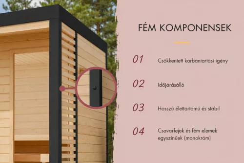 Karibu Ares 1. kültéri szaunakabin 4 fő részére – kályha nélkül, terasszal és lamellafallal