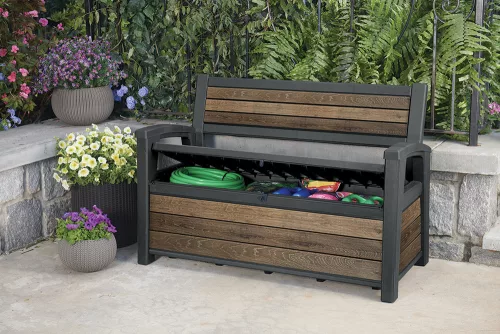 Keter DECO GARDEN kerti tároló pad – 227 L, ülőpad + tároló, walnut