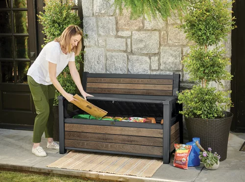 Keter DECO GARDEN kerti tároló pad – 227 L, ülőpad + tároló, walnut