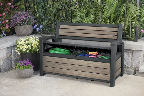 Keter DECO GARDEN kerti tároló pad – 227 L, ülőpad + tároló, Ashwood