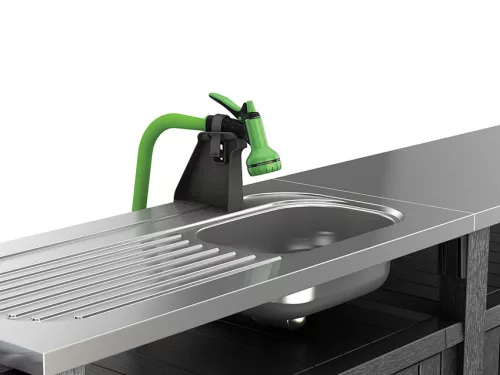 Keter UNITY CHEF kerti  mobil műanyag szekrény-asztal – 415 L, mosogatóval, rozsdamentes munkalap, walnut