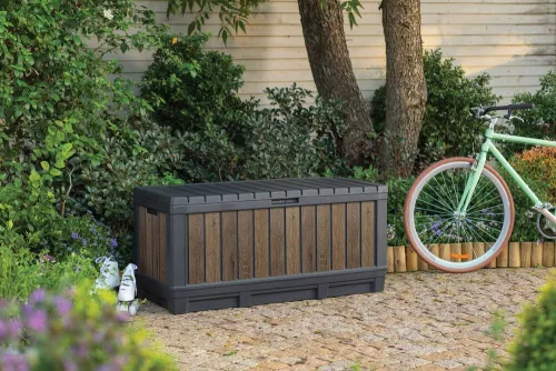 Keter KENTWOOD kerti tároló box – 350 L, ülhető párnatartó, walnut (fa hatás)