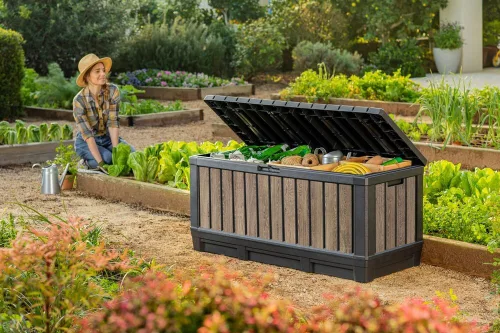 Keter KENTWOOD kerti tároló box – 350 L, ülhető párnatartó, ashwood